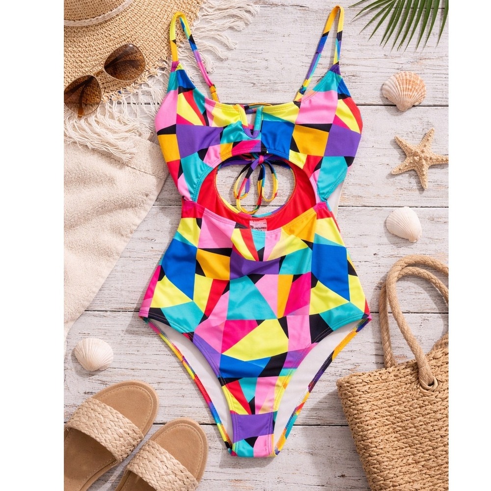 Bright Colorblock One Piece Swimsuit Cutout Open Back Tie Beach Vacation‎ XS